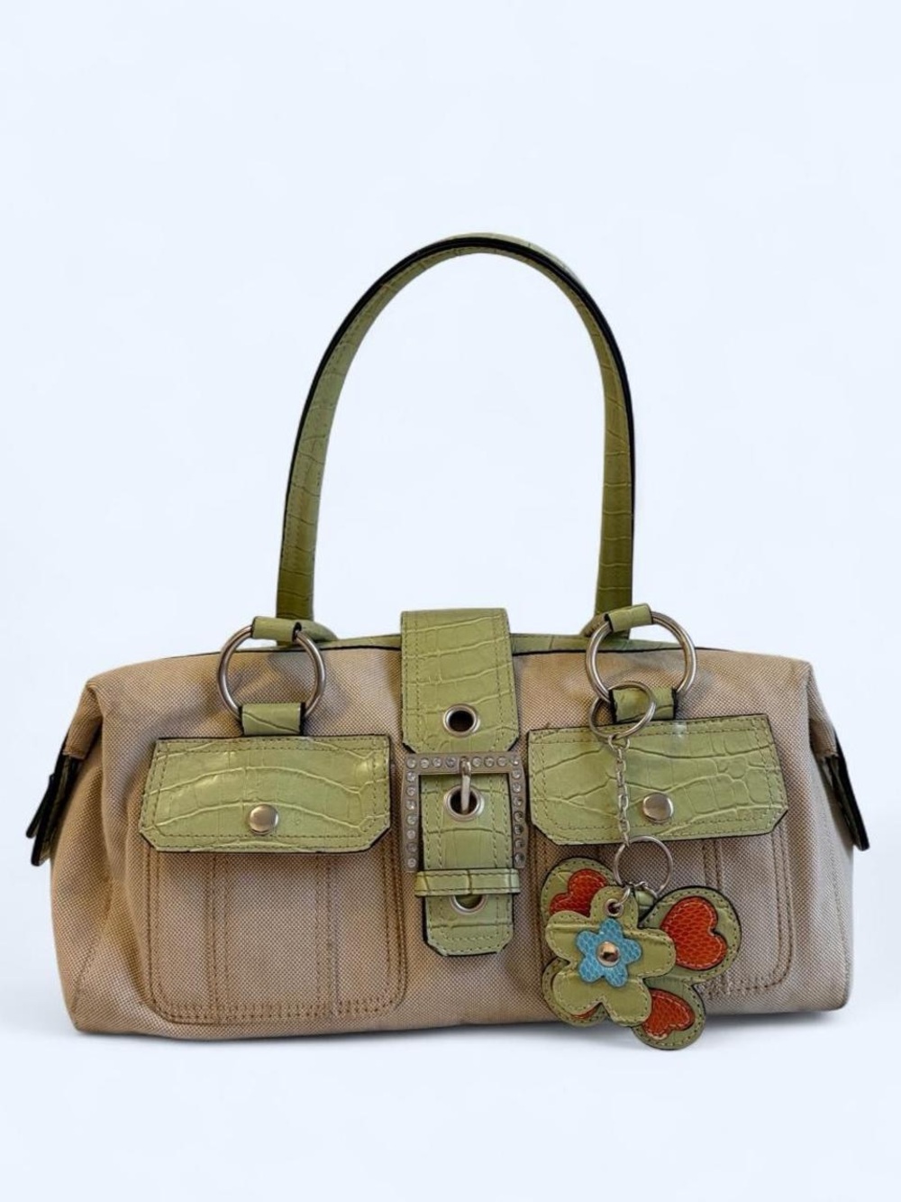 Amanda Smith Beige Canvas Shoulder Bag with Green Accents and Flower Charm